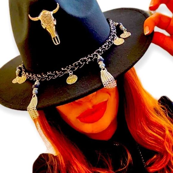 Black Siver Cow Skull Metal Tassels Western Cowboy Hat NEW - Picture 2 of 4